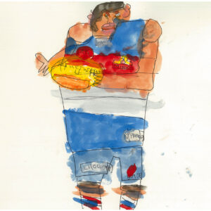 Bulldog Standing Around Holding Footy & Running - Works On Paper - Conway Ginger